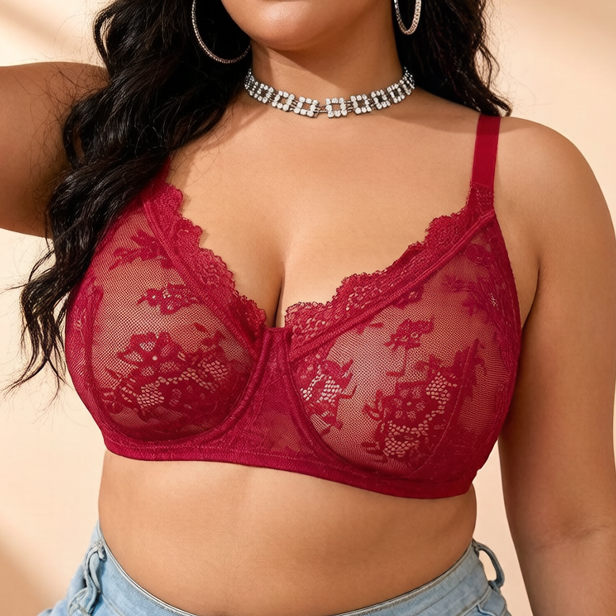 Women Plus Size Red Lace Sheer - Full Coverage Bra review and price