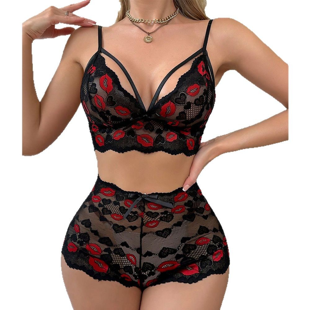 Babydoll Lingerie Set Red Lips - Sheer Mesh Bra review and price